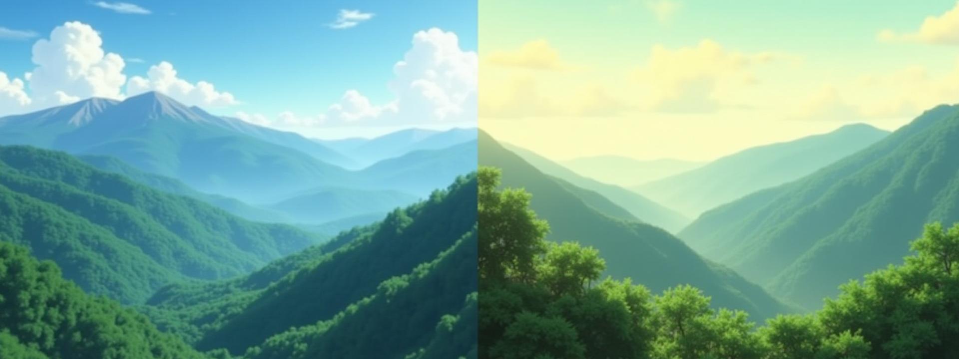 アニメのワンシーンと、その舞台となった日本の実在の山の風景を比較した画像。両者が調和し、物語の世界が現実に出現したような感動的な雰囲気。