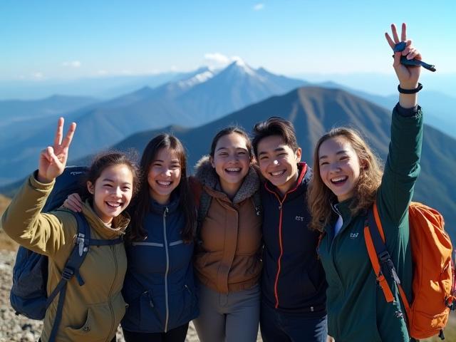 『ヤマノススメ』のキャラクターグッズを飯能アルプス頂上付近で掲げ、笑顔でポーズをとるファン。背景には作品に登場する風景が広がる。