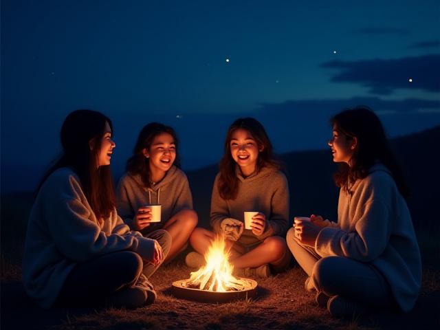 『ゆるキャン△』の登場人物に扮したコスプレ小道具を持ったファンが高ボッチ高原で集合写真。焚き火を囲んで楽しそうに語り合っている。