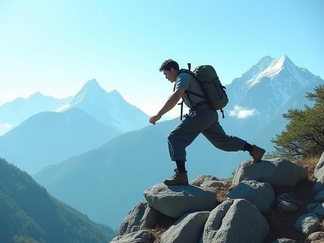 『鬼滅の刃』の水の呼吸のポーズを真似て、雲取山の厳しい岩場で力強く立つファン。情熱と達成感が伝わる一枚。
