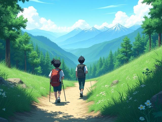 アニメ『ヤマノススメ』の登場人物が飯能アルプスをハイキングしているイラストと、天覧山から多峯主山へと続く実際の飯能アルプスの写真の比較