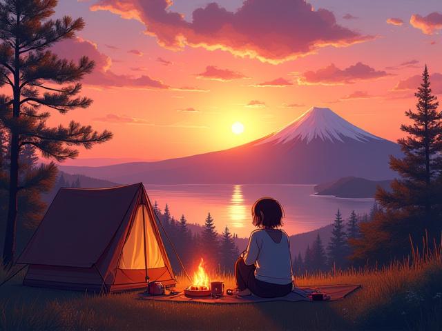 アニメ『ゆるキャン△』の登場人物たちがキャンプしているイラストと、高ボッチ高原からの富士山と諏訪湖の絶景の実際の写真の比較