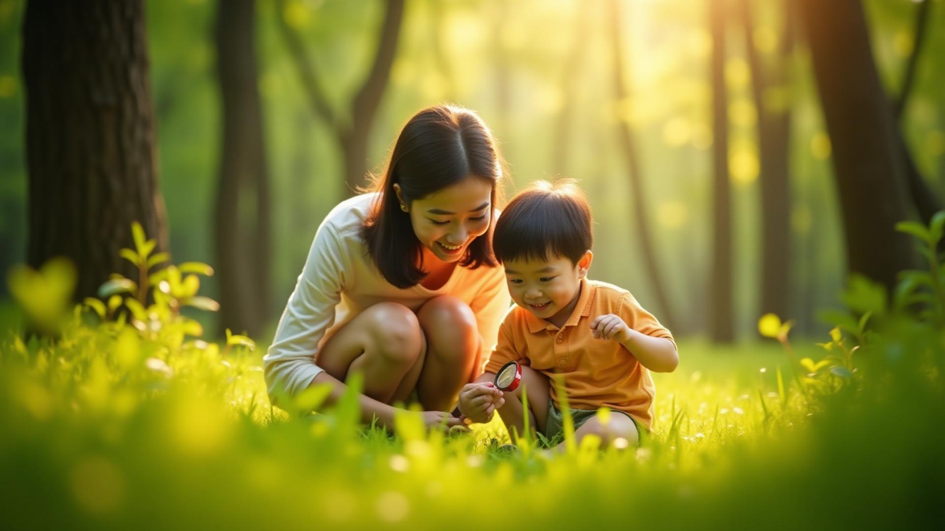 森の中で虫眼鏡を使って植物を観察し、楽しそうに笑う親子