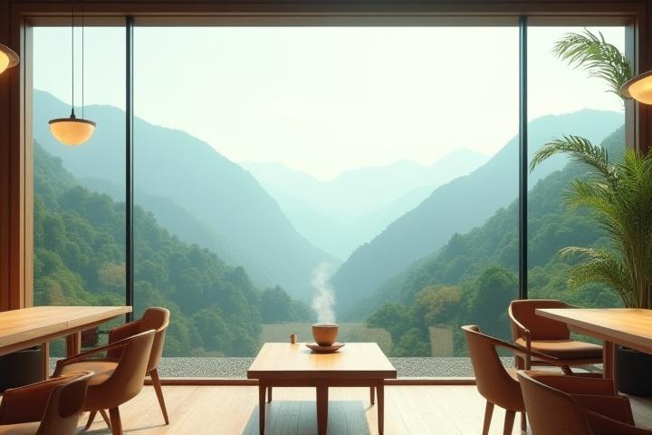 山々を望むモダンで居心地の良いカフェ内部