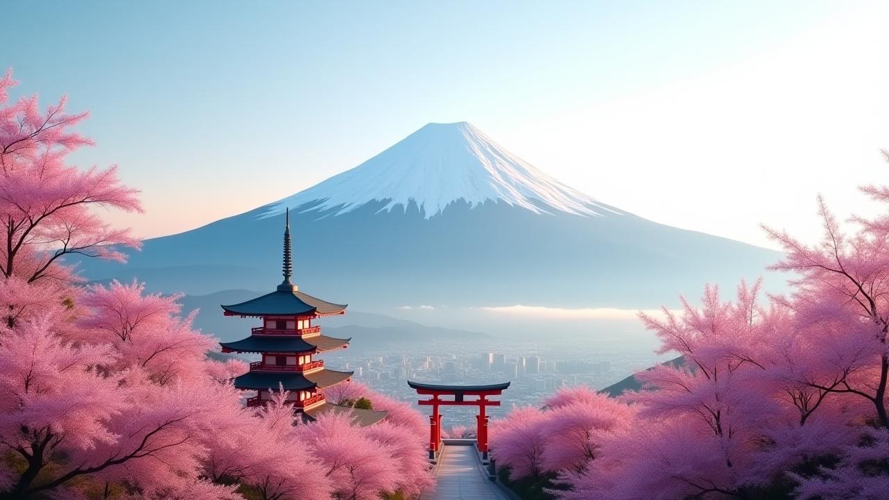 雄大な富士山と桜、そして伝統的な寺院の塔の風景