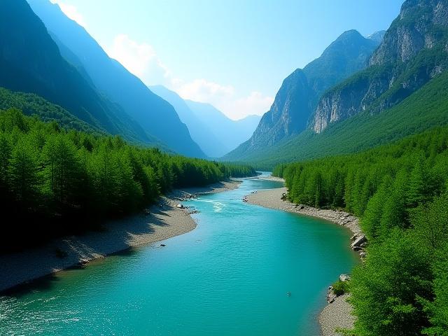 上高地の透き通った川と日本アルプス