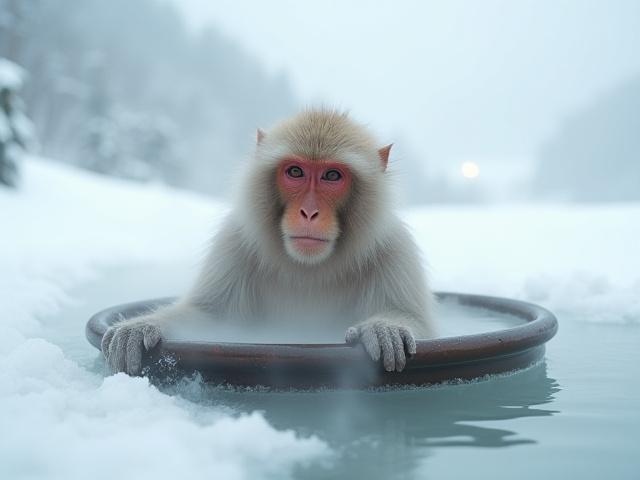 雪の中で温泉に入るスノーモンキー