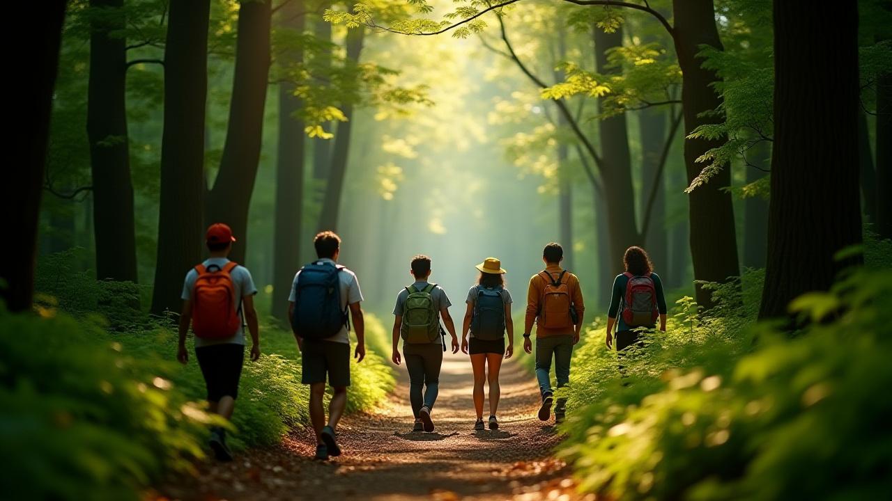 緑豊かな森の中を歩くハイカーたち