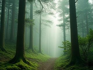霧に包まれた森林の写真
