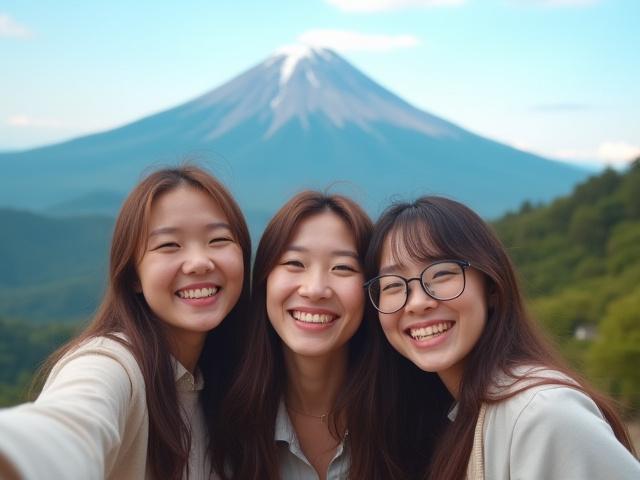 山を背景に笑顔でポーズをとる友人グループ