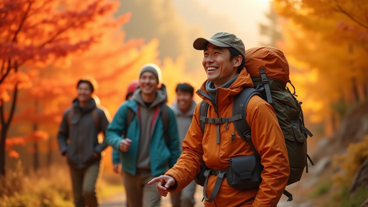 紅葉の中を笑顔で歩くツアー参加者グループ