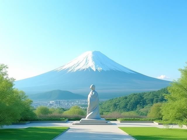 春の箱根から望む富士山と彫刻の森美術館の屋外展示