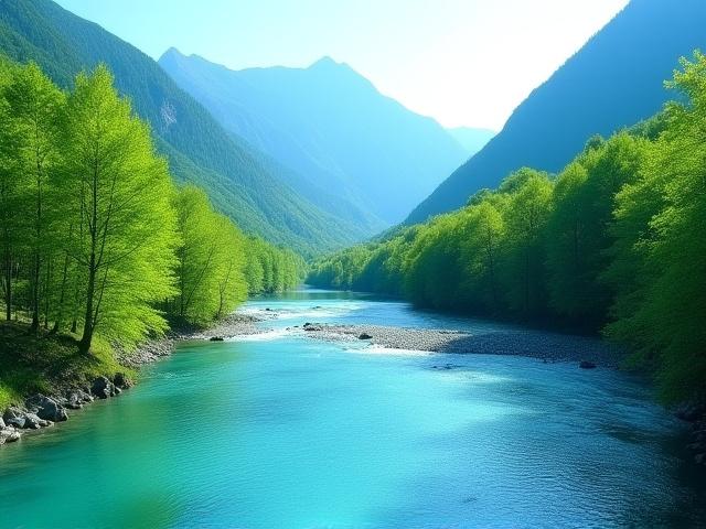 夏の上高地の清流と奥にそびえる乗鞍岳