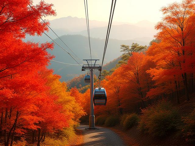 秋の紅葉に染まる那須岳のロープウェイ