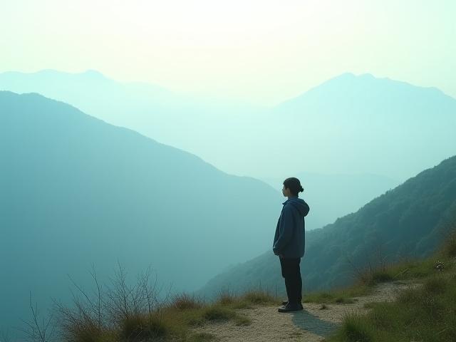一人で静かに山の景色を楽しむ女性