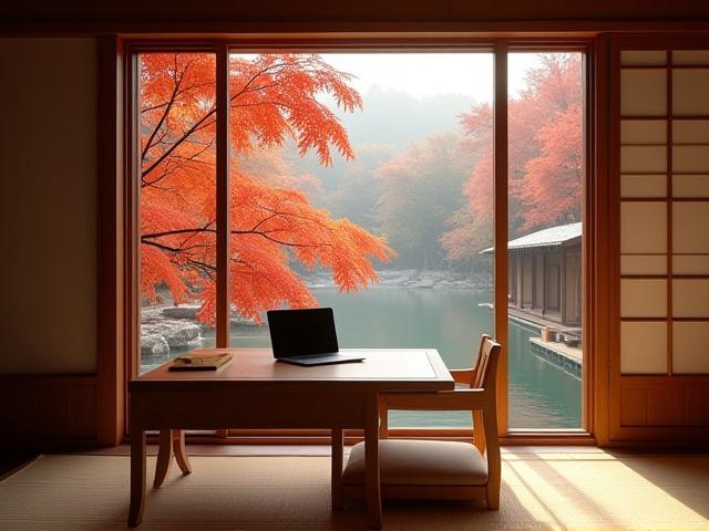 箱根の温泉旅館のデスクと窓からの紅葉