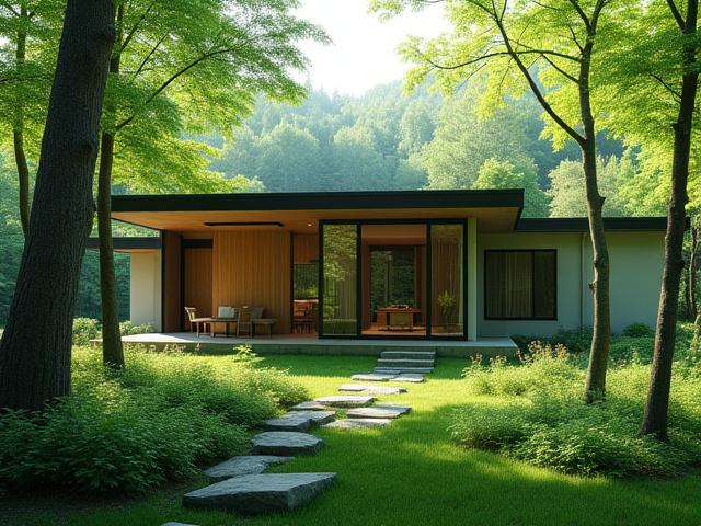 軽井沢のモダンなコテージと森の風景